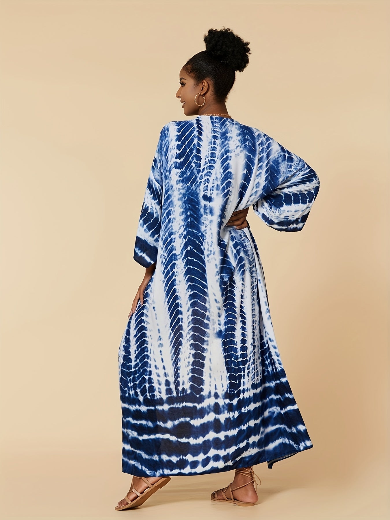 Tie Dye Cover Up Shirt V Neck Loose Fit Kimono Beachwear Boho Style Women's Swim