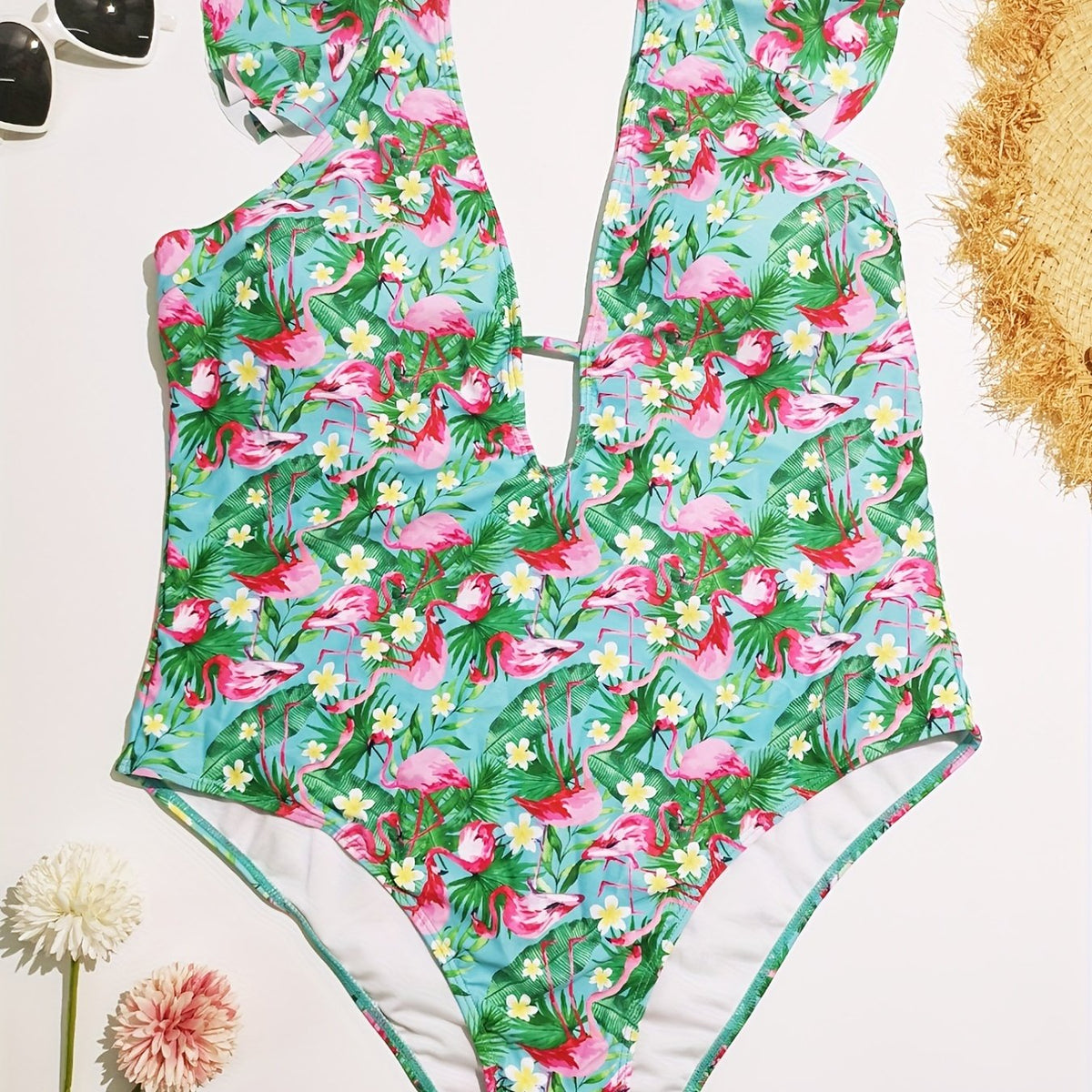  Sexy One Piece Swimsuit Women's Plus Tropical Print Cap Sleeve V Neck