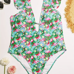  Sexy One Piece Swimsuit Women's Plus Tropical Print Cap Sleeve V Neck