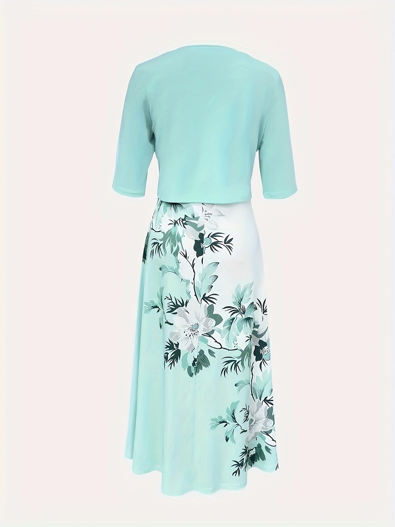  Colorblock Floral Print V Neck Tank Dress & Half Sleeve Coat Set