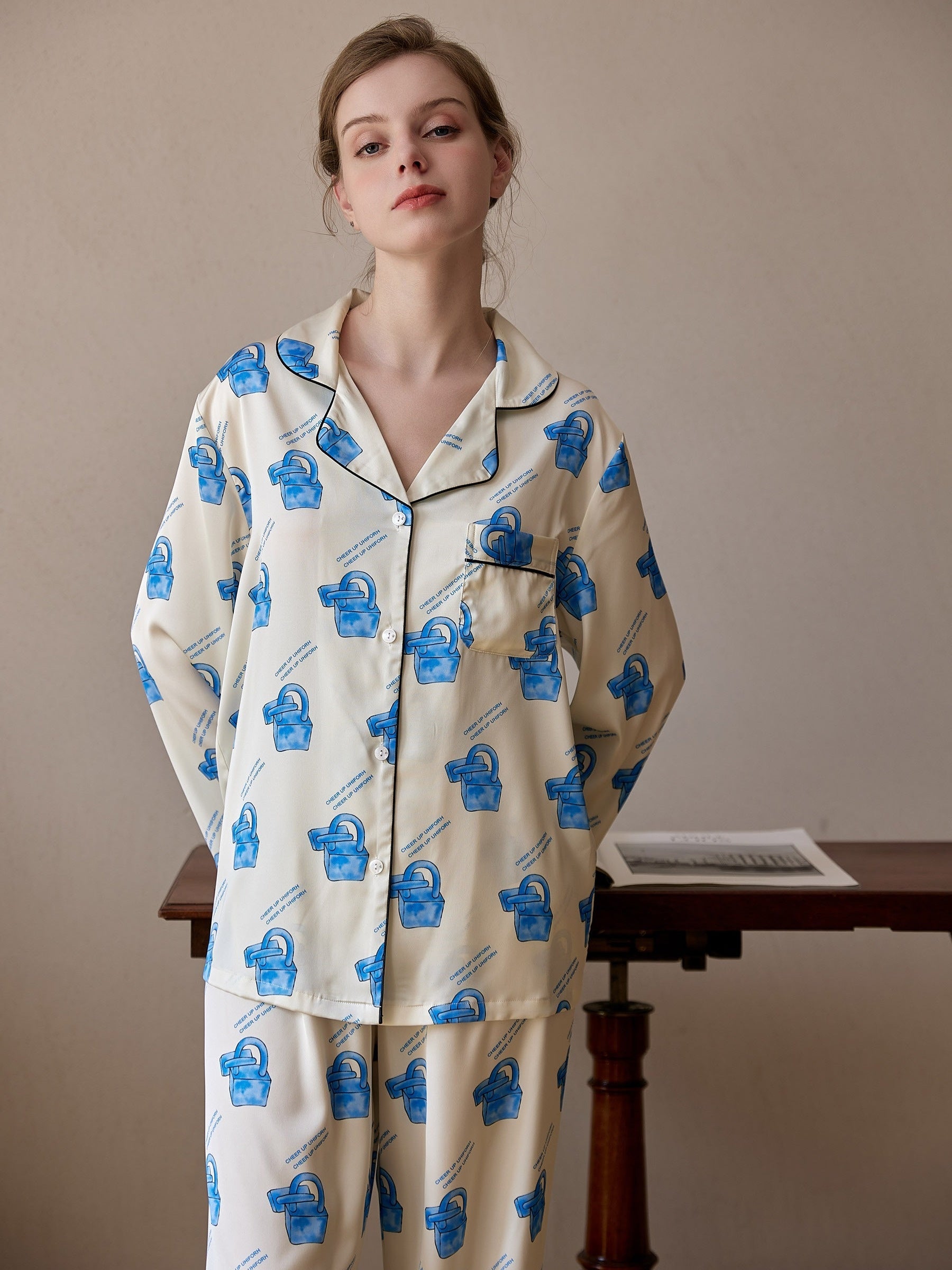 Locker Print Pajama Set Long Sleeve Top & Pants