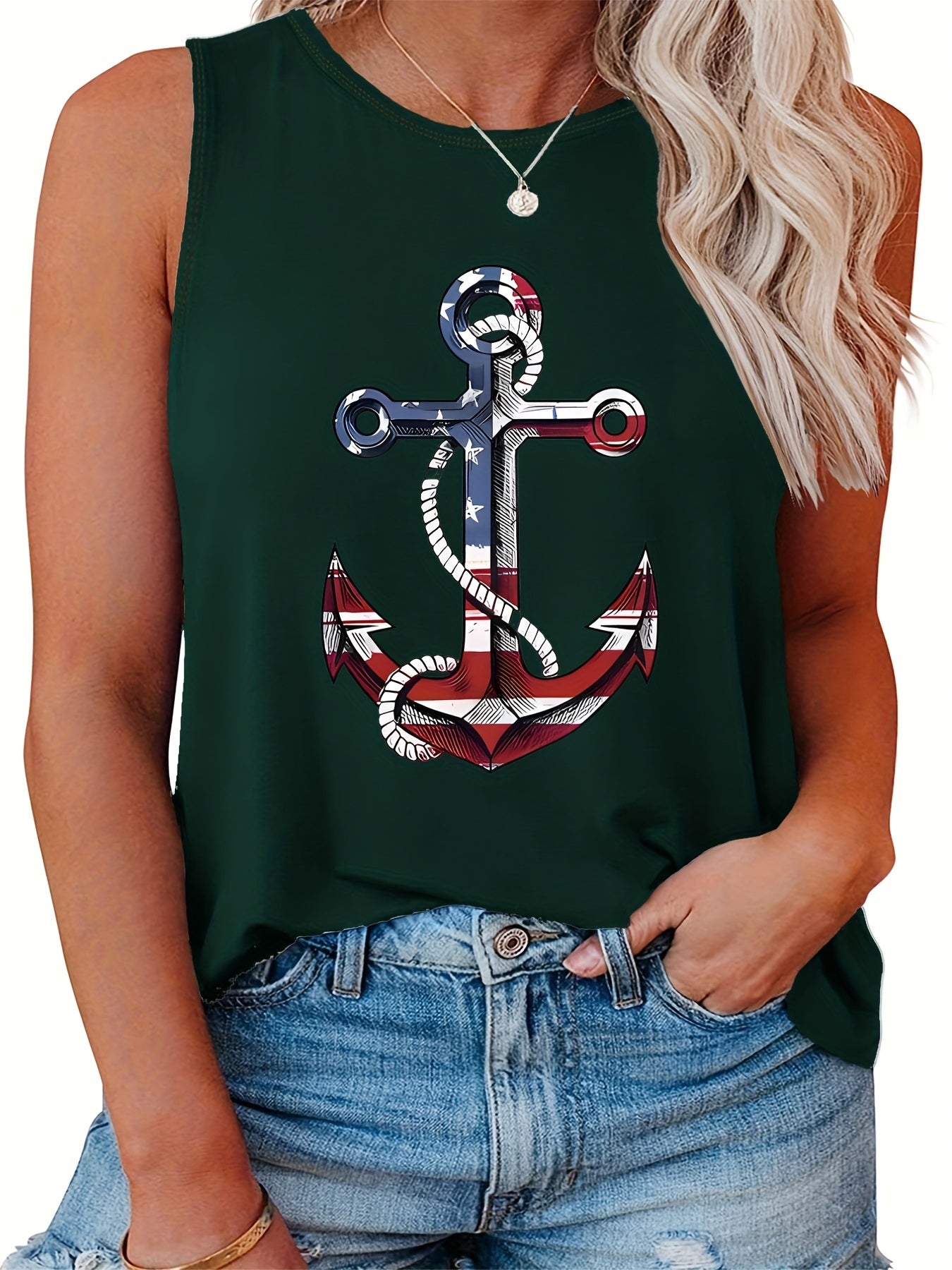  Casual Tank Top Women's Flag Anchor Print Round Neck Tank Top