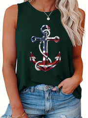  Casual Tank Top Women's Flag Anchor Print Round Neck Tank Top