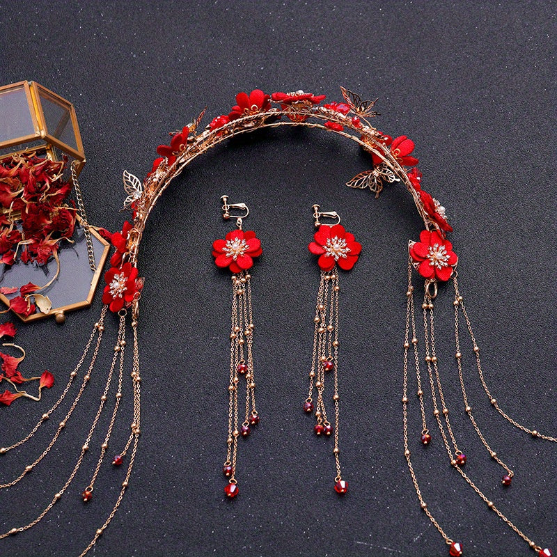 Red Flowers Headband Hairpins Clip Earring Set Chinese Style Bridal Wedding