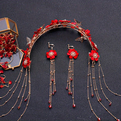 Red Flowers Headband Hairpins Clip Earring Set Chinese Style Bridal Wedding