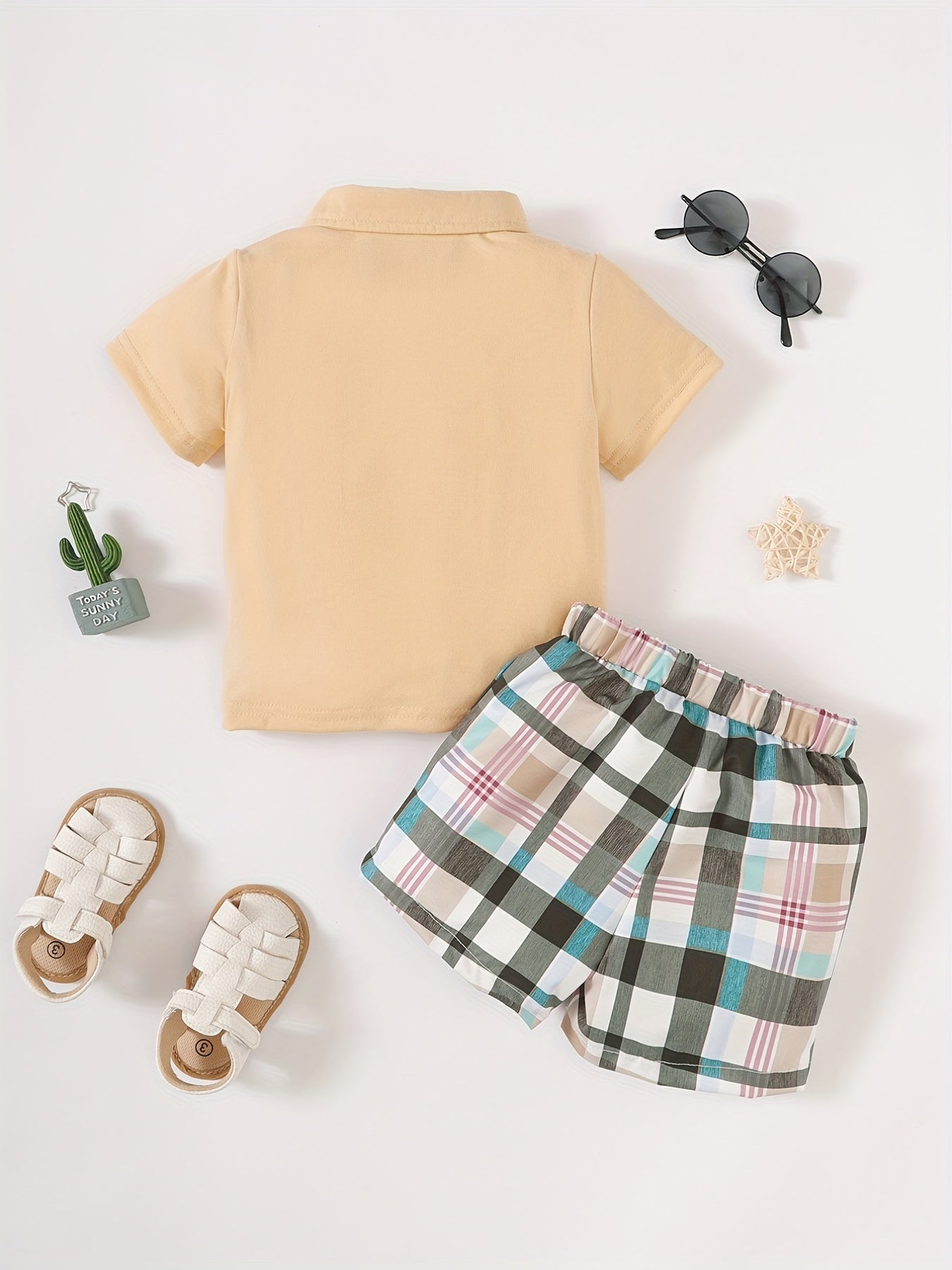2pcs Baby Boys Short Sleeve Shirt & Plaid Shorts Set Summer Outfit
