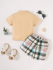 2pcs Baby Boys Short Sleeve Shirt & Plaid Shorts Set Summer Outfit