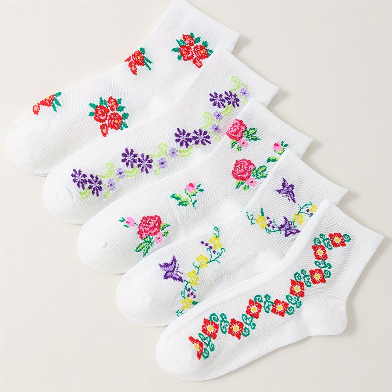 5 Pairs Floral Print Socks Mid Tube Women's Stockings