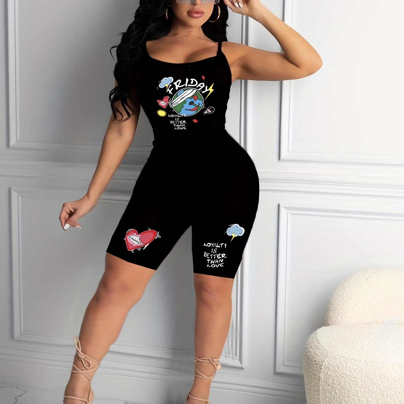 Cartoon Print Spaghetti Strap Romper Jumpsuit