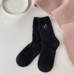 5 Pairs Heart Embroidery Socks Warm & Comfy Fuzzy Stockings