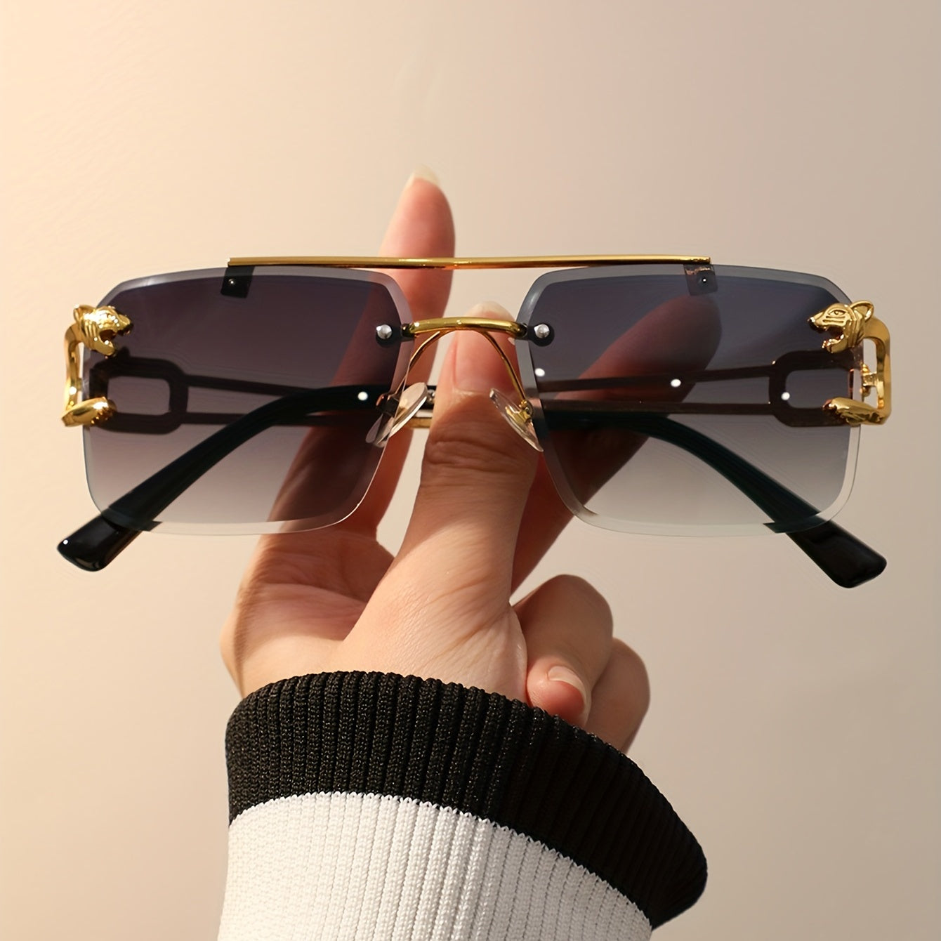 Leopard Charm Sunglasses Top Bar Rimless Metal Sun Shades UV400