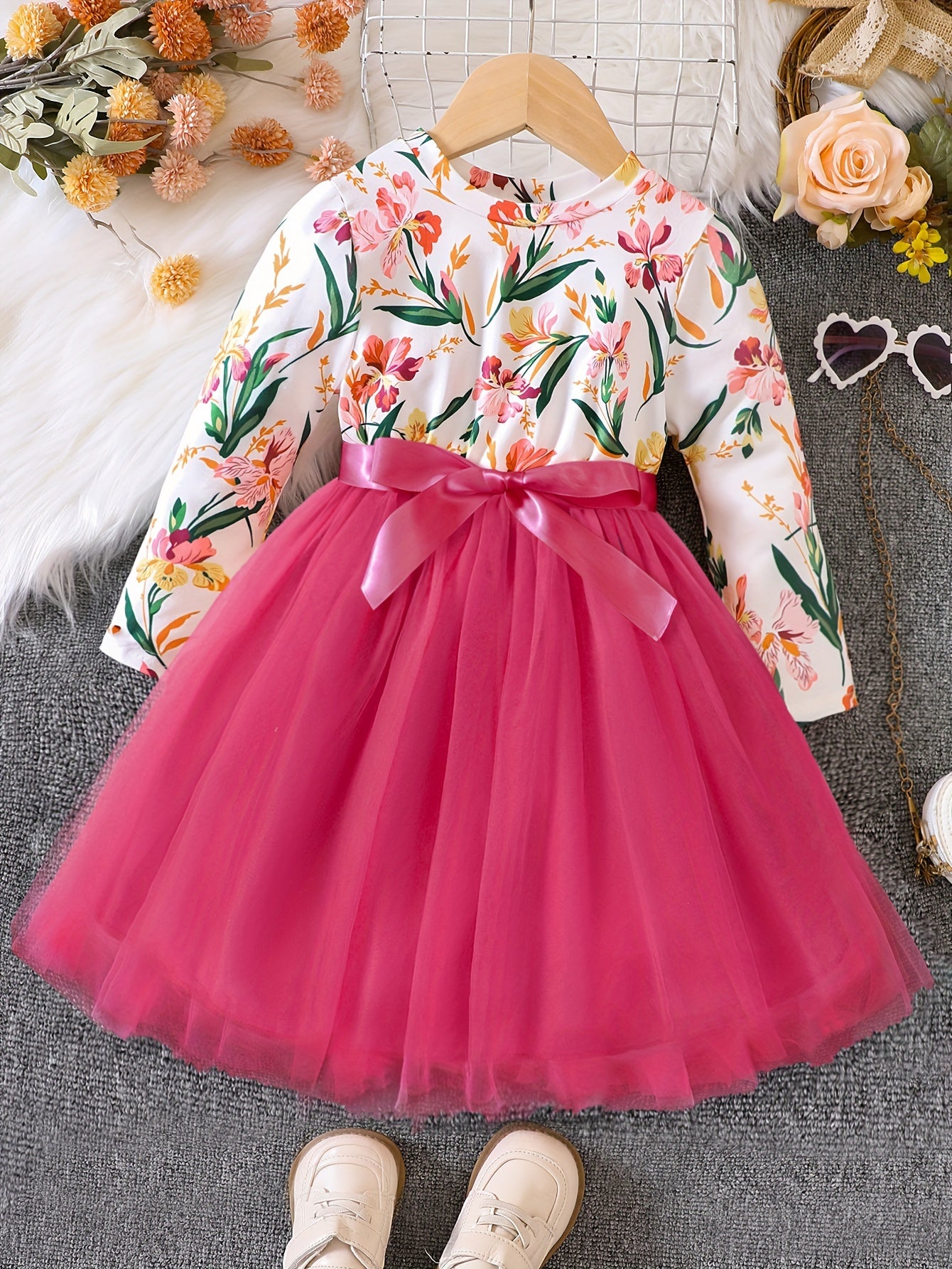 Girls Ruffled Sleeves Crew Neck Bow Floral Tulle Tutu Princess Dress