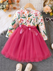 Girls Ruffled Sleeves Crew Neck Bow Floral Tulle Tutu Princess Dress