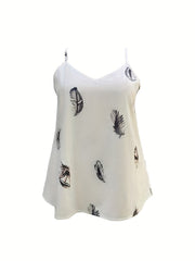  Casual Tank Top Women's Plus Feather Print V Neck Non Stretch