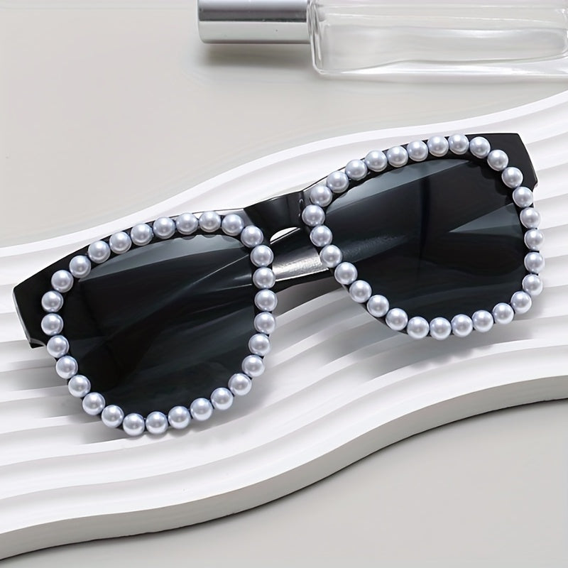 Y2K Faux Pearl Square Sunglasses Retro Anti Glare UV400