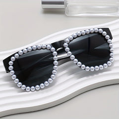 Y2K Faux Pearl Square Sunglasses Retro Anti Glare UV400