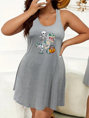  Halloween Nightdress Women's Skull & Pumpkin Print Tank Sleep Dress