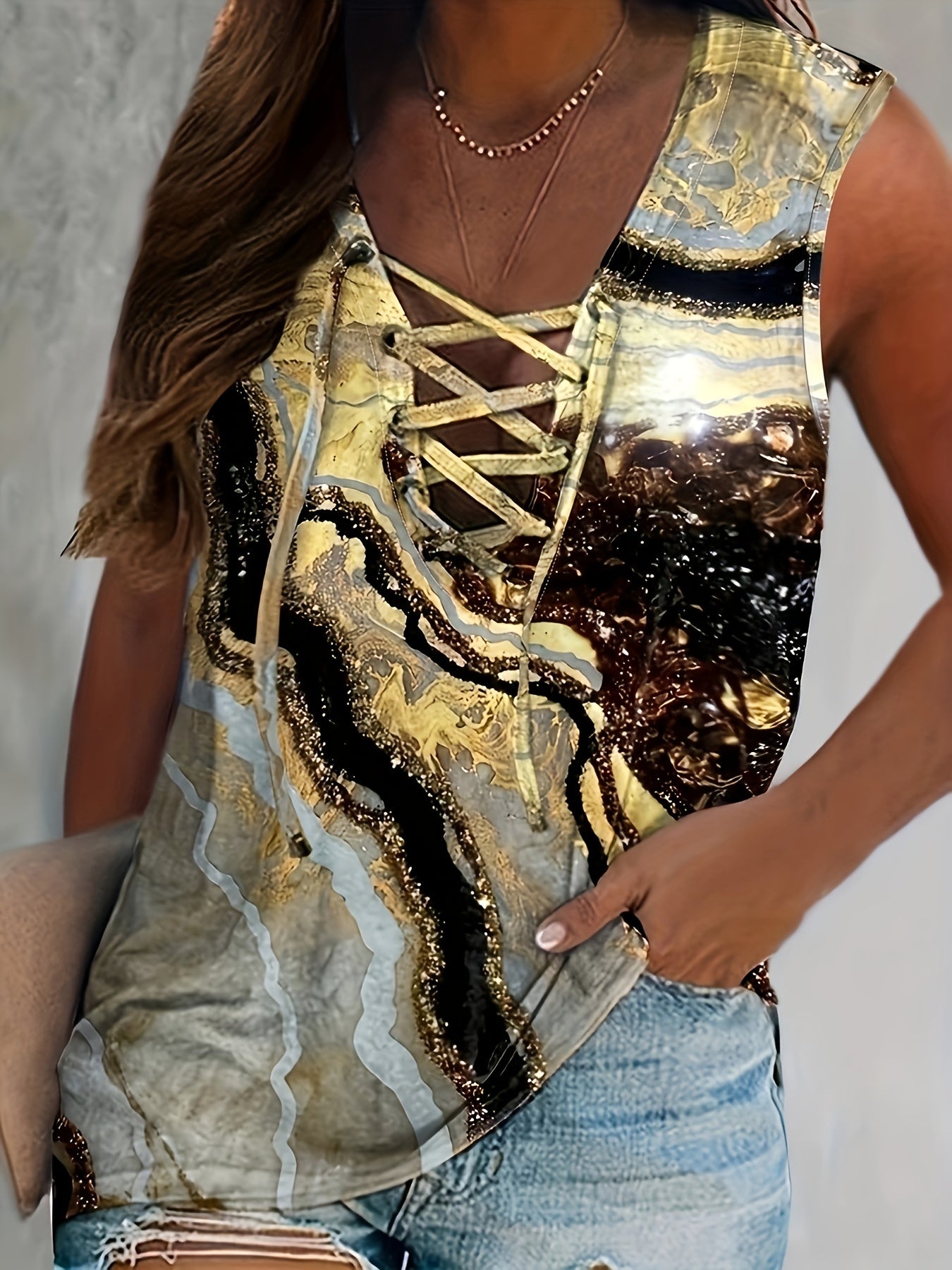  Marble Print Lace Up Tank Top