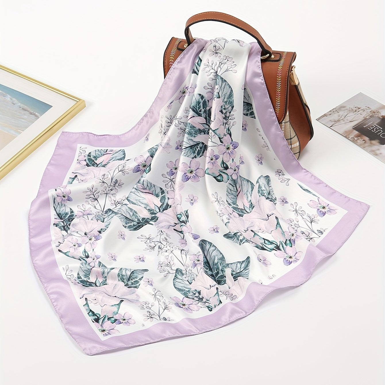 Leaf Print Light Purple Bandana Casual Square Scarf Neckerchief Women