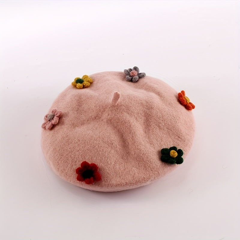 Women's Flower Decor Beret Solid Warm Painter Hats