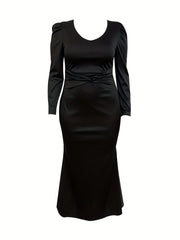  Solid Long Puff Sleeve Mermaid Prom Maxi Dress