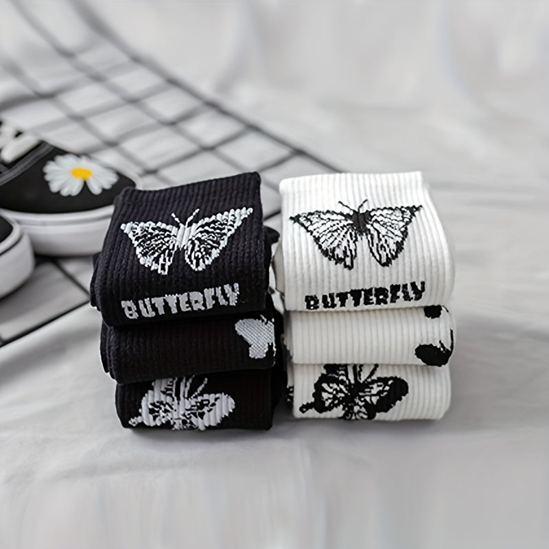6 Pairs Butterfly Print Mid Tube Socks Women's Stockings
