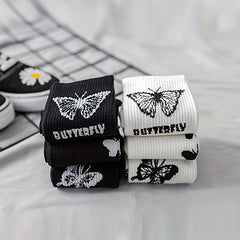 6 Pairs Butterfly Print Mid Tube Socks Women's Stockings