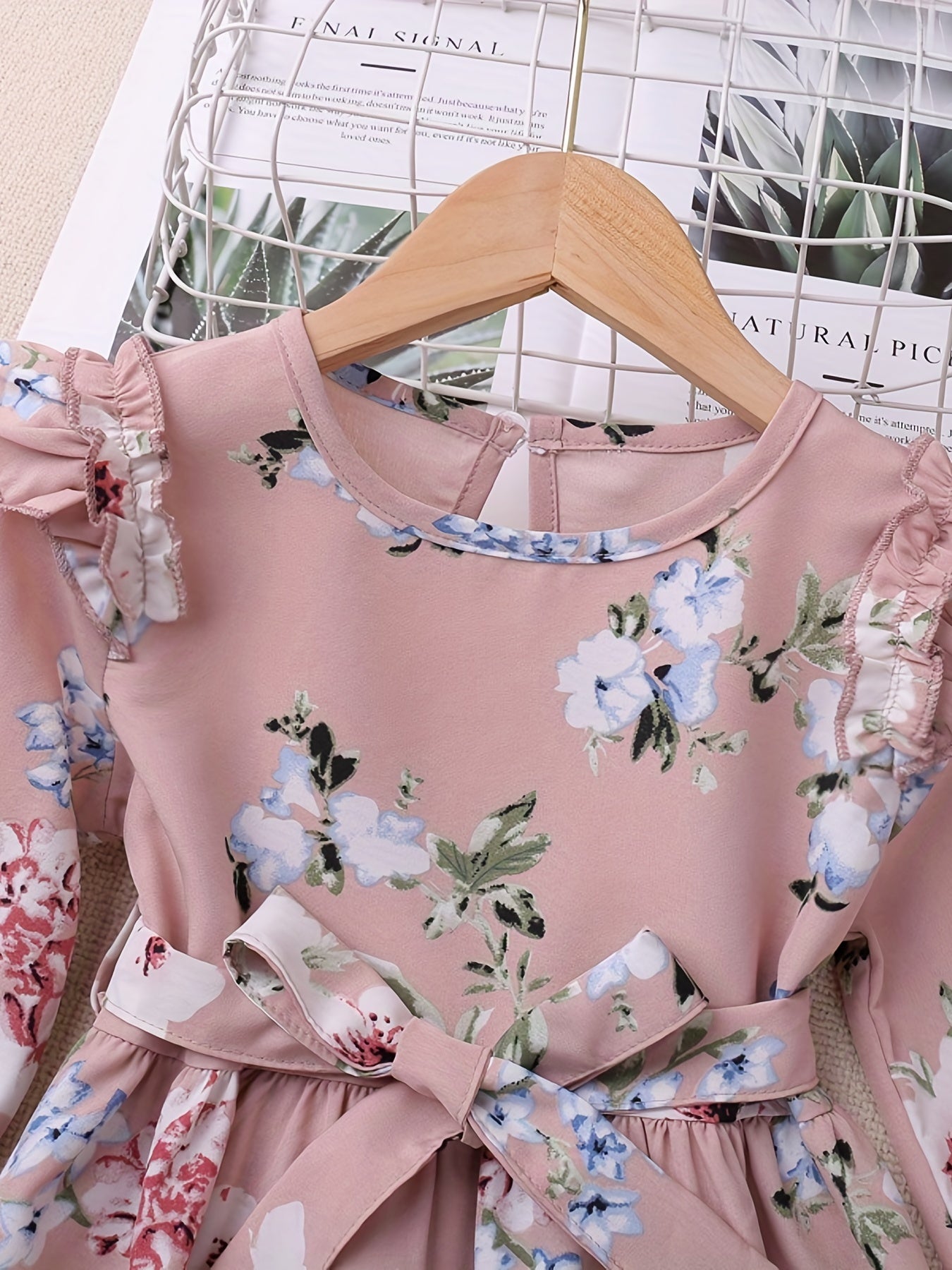 Girls Ruffle Long Sleeve Floral Print Belted Dress