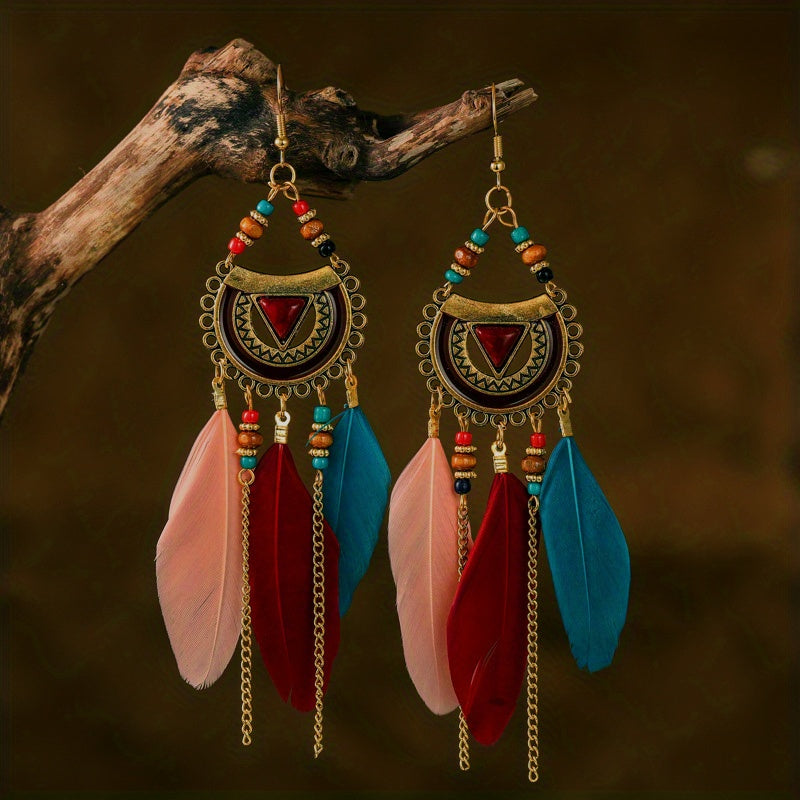 Boho Feather Rice Beads Earrings for Women