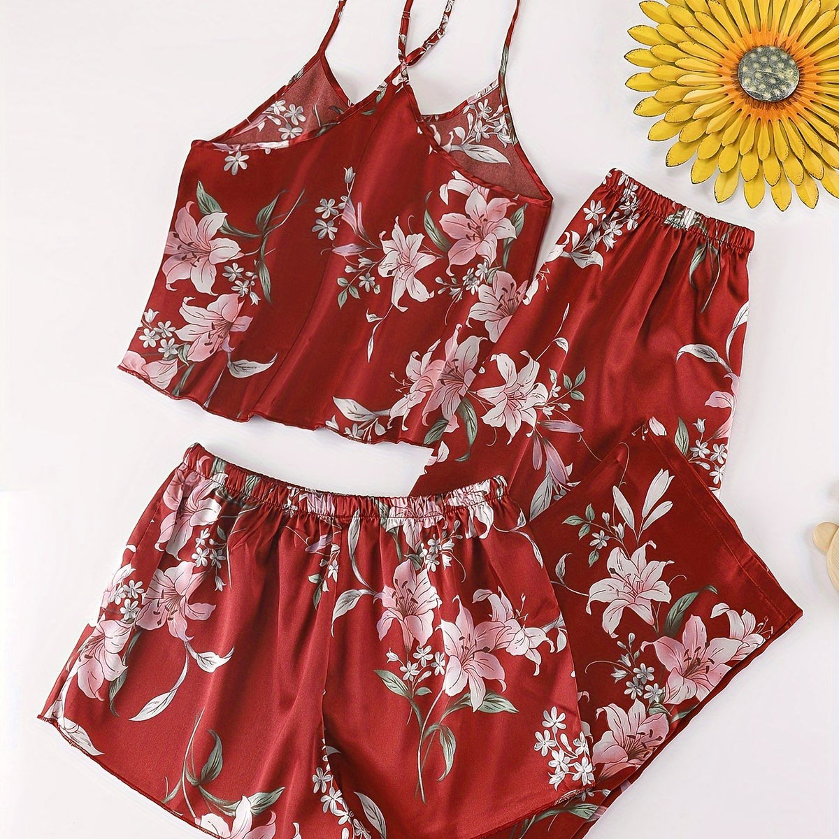 Floral Print Pajama Set Cami Top & Shorts & Pants
