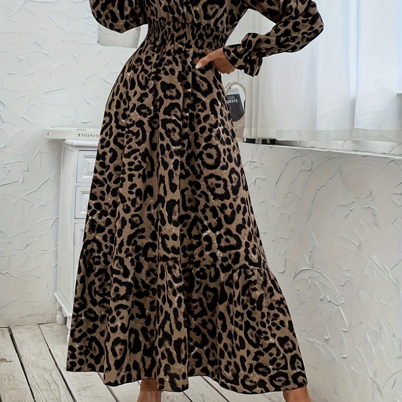  Leopard Print Flounce Sleeve Maxi Dress