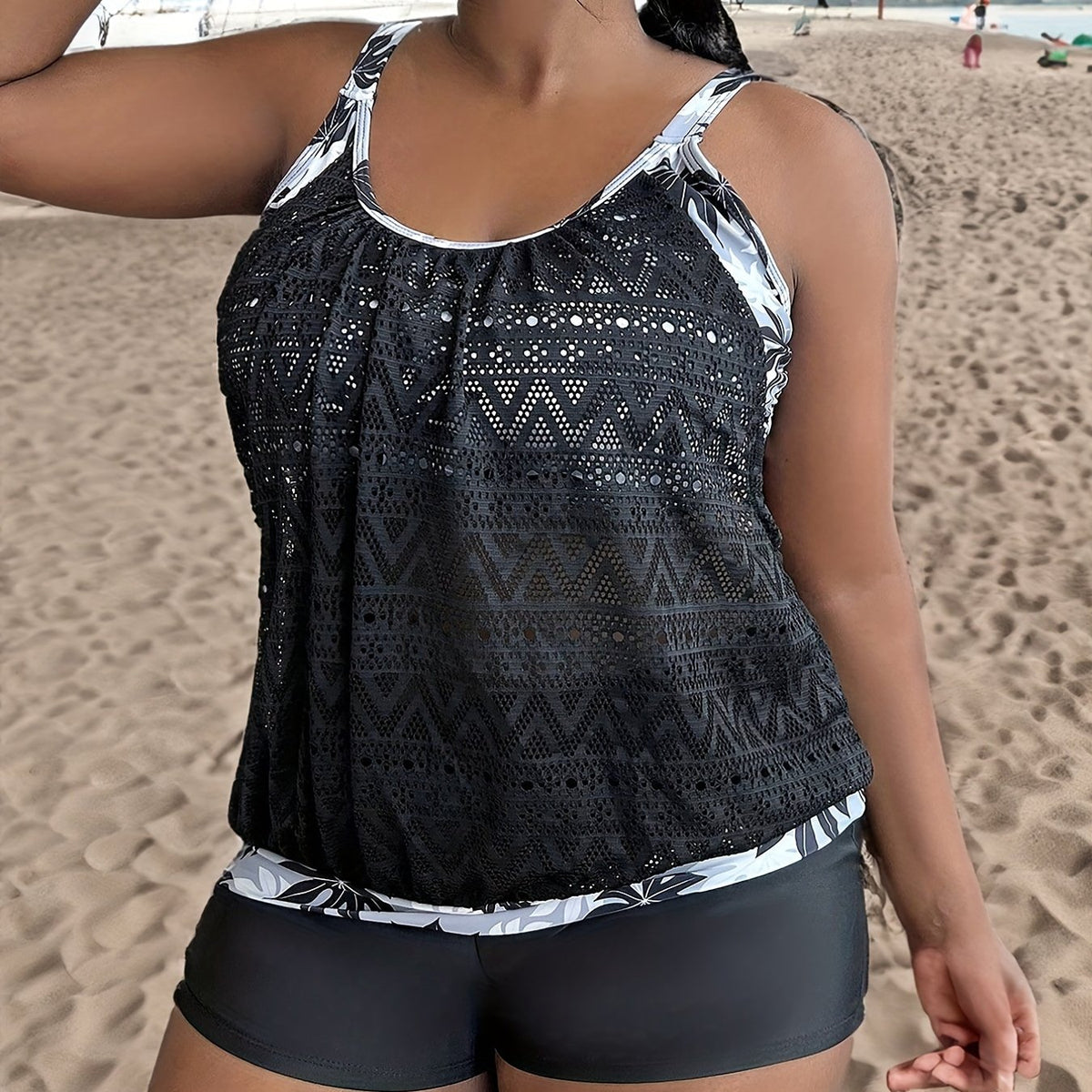  Colorblock Leaf Print Tankini Set