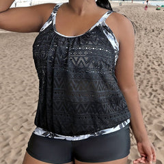  Colorblock Leaf Print Tankini Set