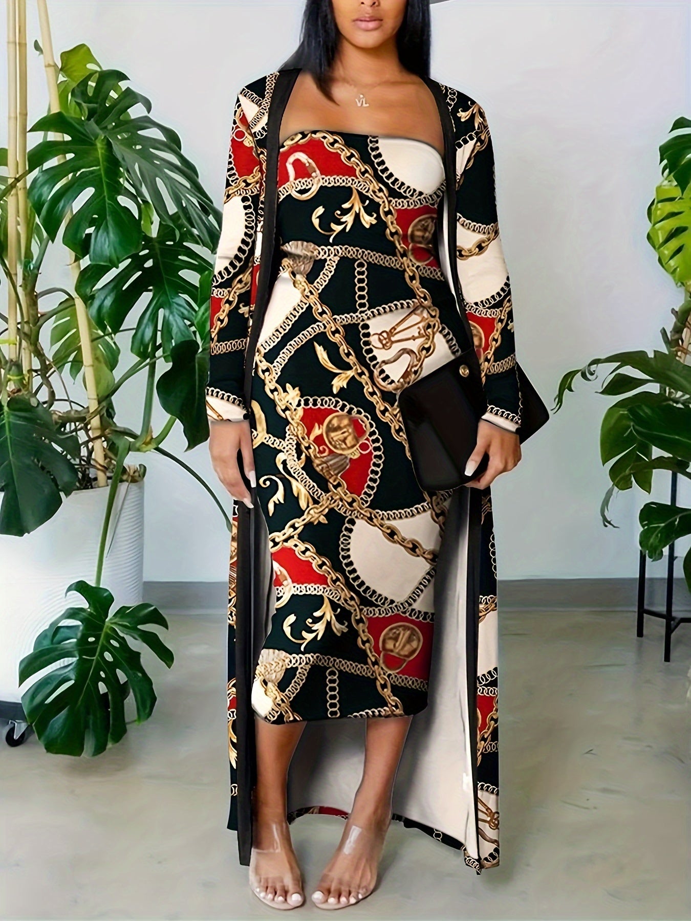 Women's Plus Baroque Print Cardigan & Tube Dress Set