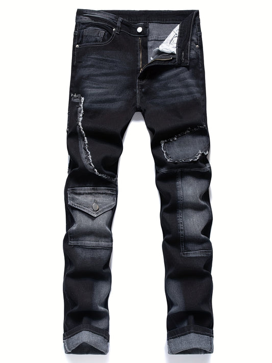 Men's Patchwork Biker Jeans Medium Stretch Denim Pants