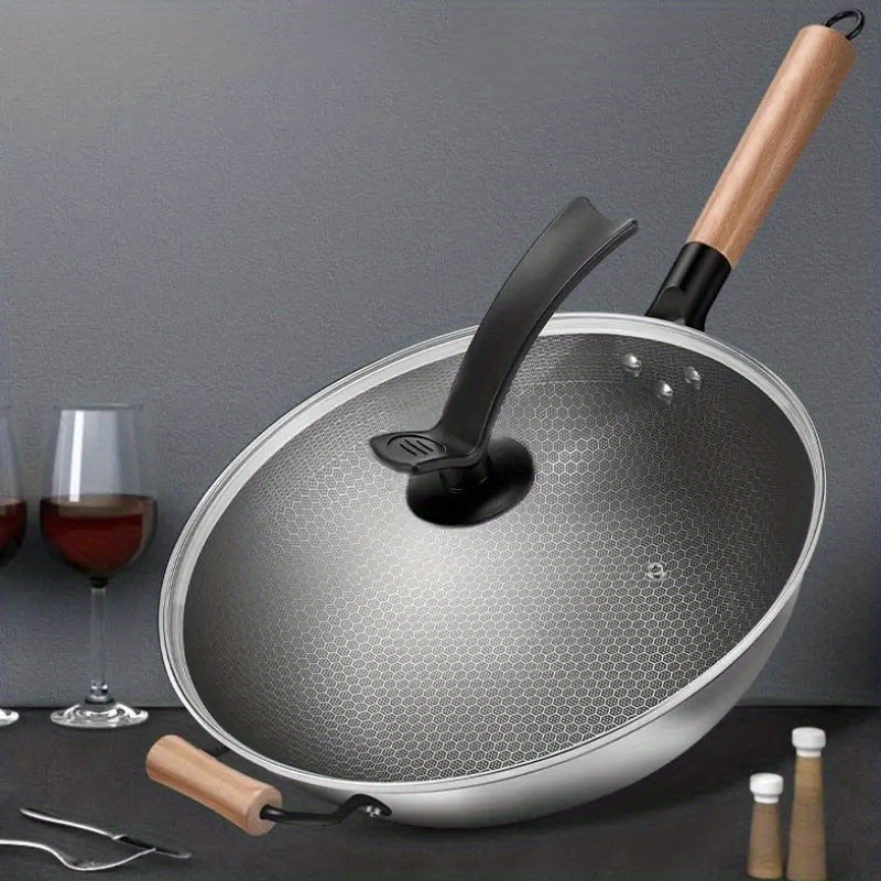 Non Stick Wok With Lid 32 Stainless Steel Honeycomb Coating Deep Frying Pan