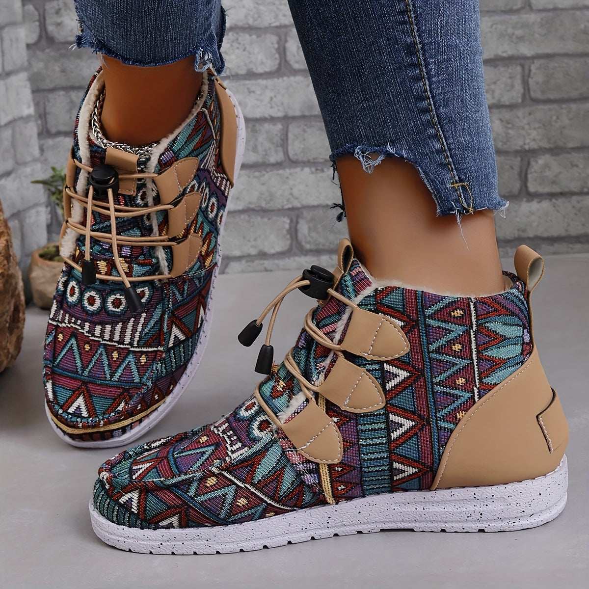 Retro Floral Pattern Round Toe Thickened Warm Autumn And Winter Boots