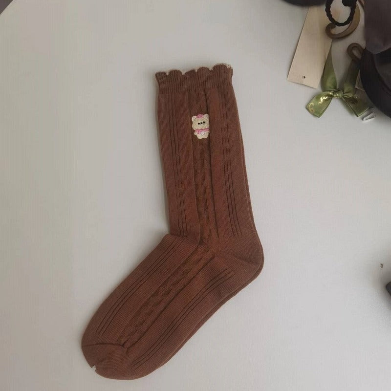 Women's Bear Embroidered Texture Socks