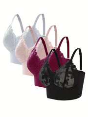 Lace Flower Decor Push Up Sports Bra Full Coverage V Neck Workout Running Bra