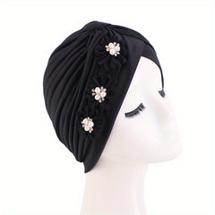 Pleated Flower Turban Cap Elastic Head Wrap Hijab Decor Casual Headscarf