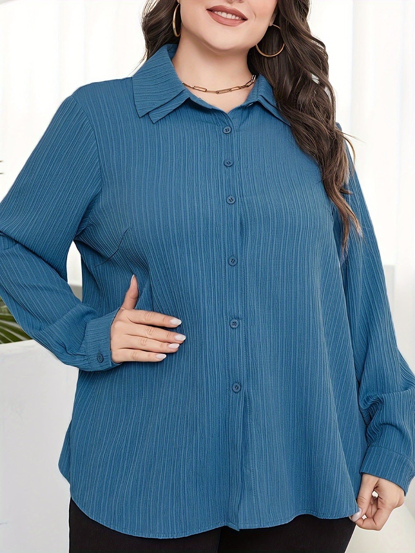  Solid Button Up Long Sleeve Blouse