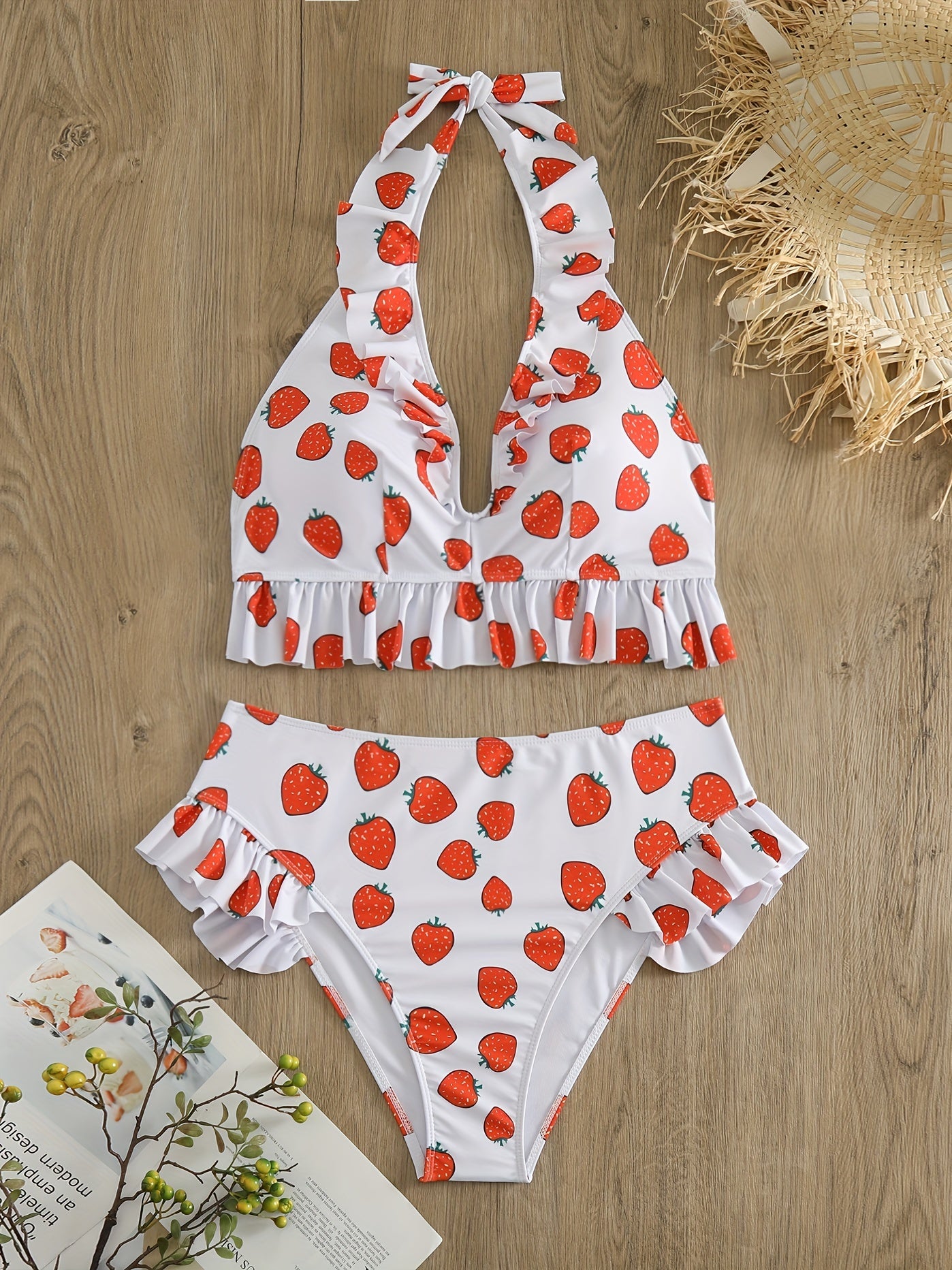 Women's Plus Strawberry Print Ruffle Trim Halter Bikini Set