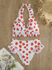 Women's Plus Strawberry Print Ruffle Trim Halter Bikini Set