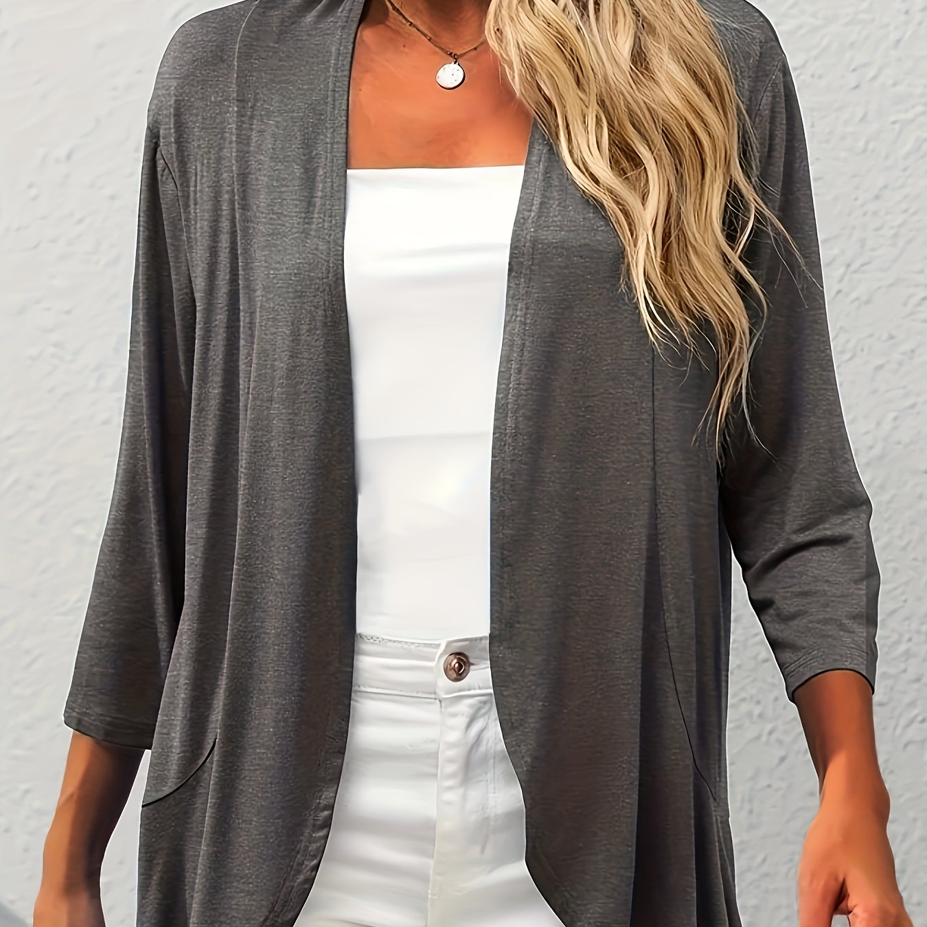  Solid Open Front Half Sleeve Cardigan
