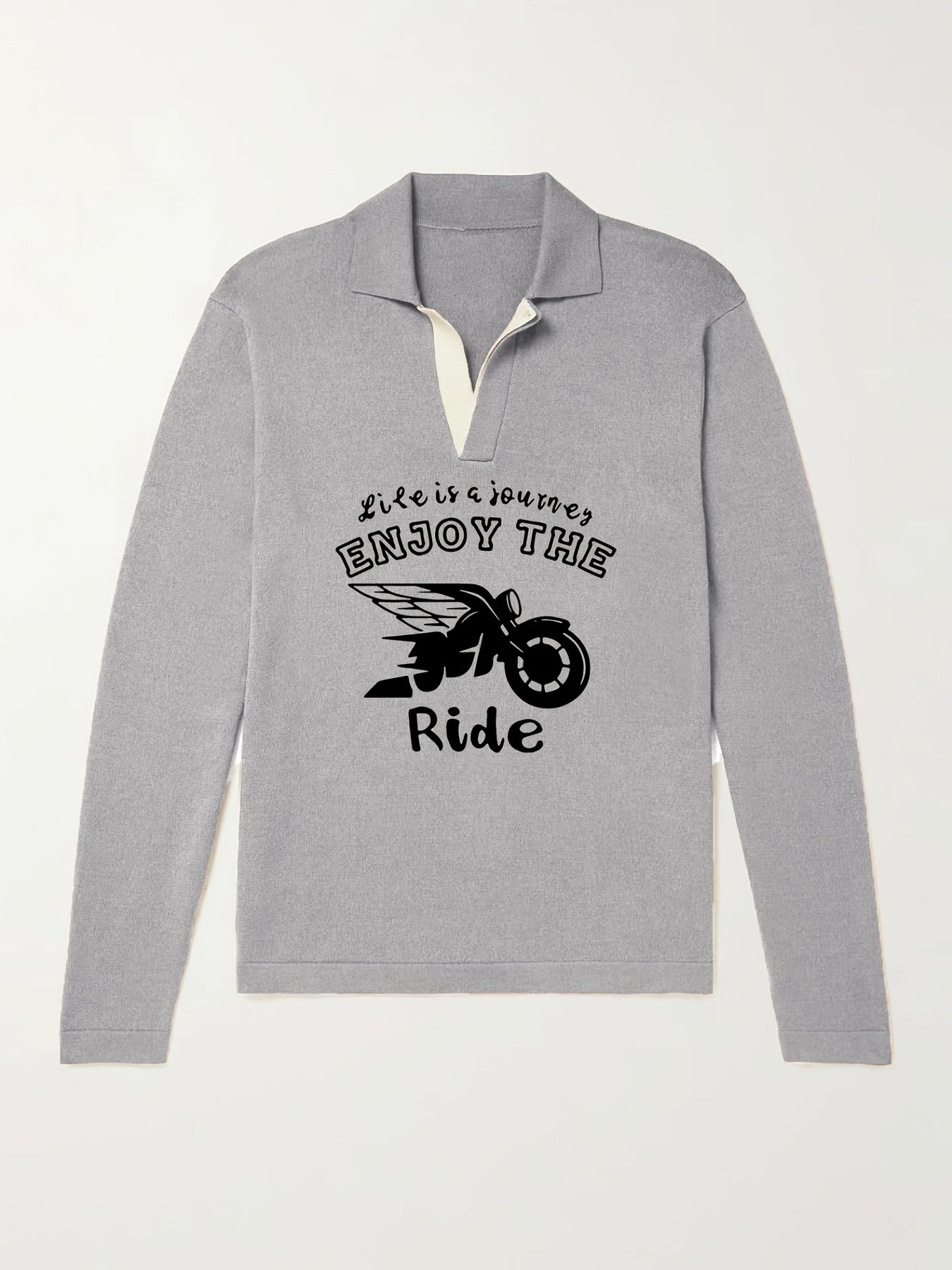 Men's Motorcycle Pattern Knit Polo Shirt V Neck Pullover Sweater