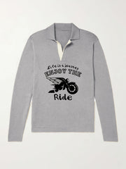 Men's Motorcycle Pattern Knit Polo Shirt V Neck Pullover Sweater