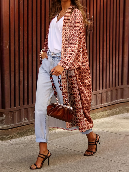  Geometric Print Long Cardigan