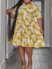 Plus Size Solid Short Sleeve Button Up Shirt Dress