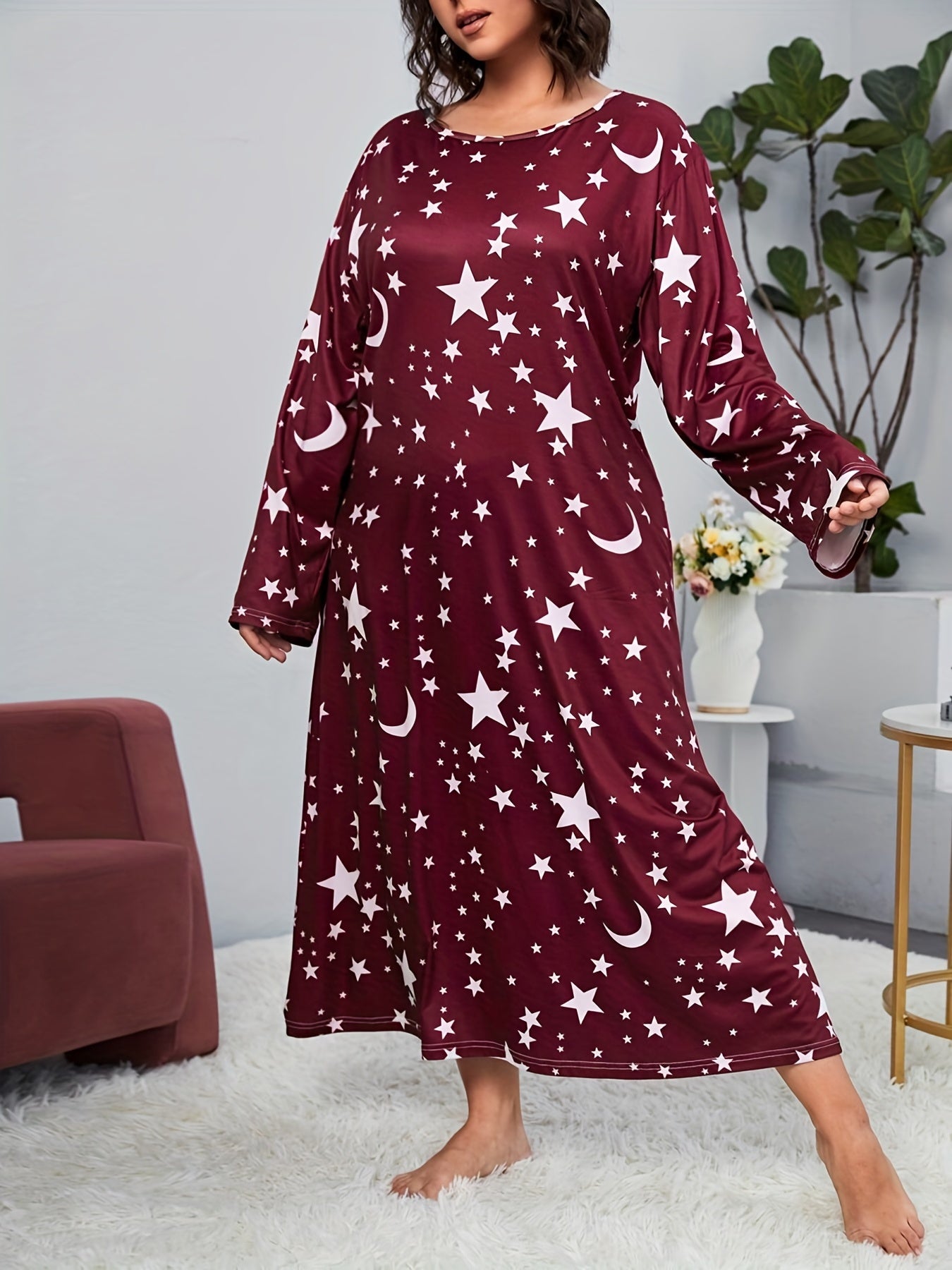  Star Print Long Sleeve Nightdress