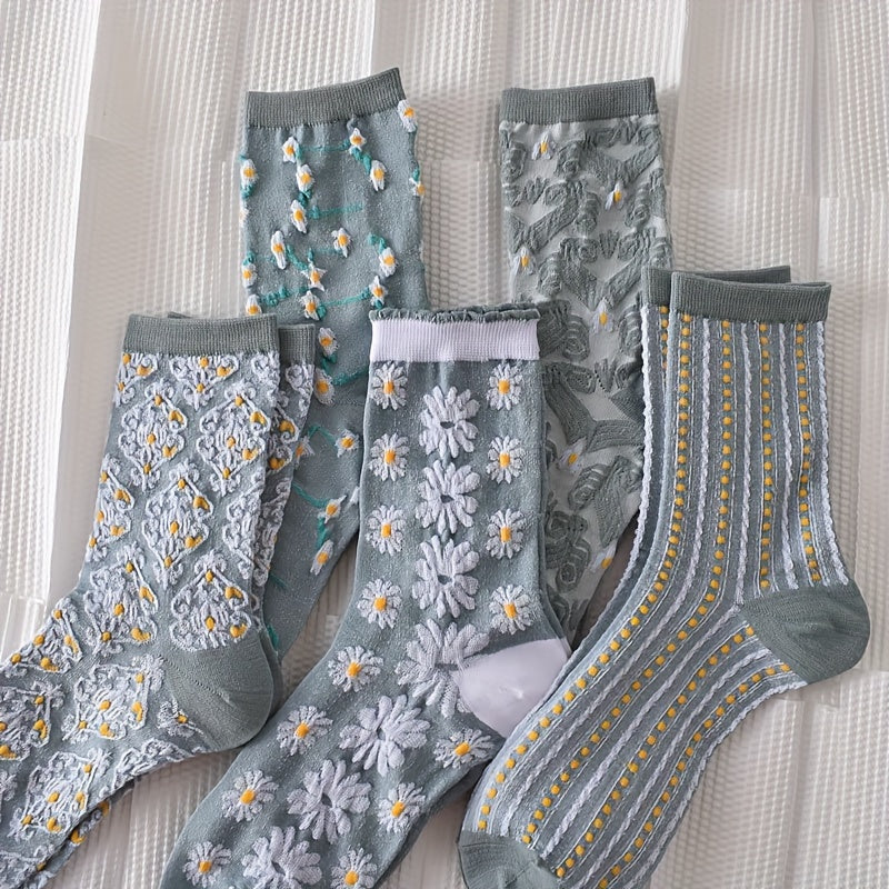 5 Pairs Floral Print Socks Women's Mid Tube Stockings